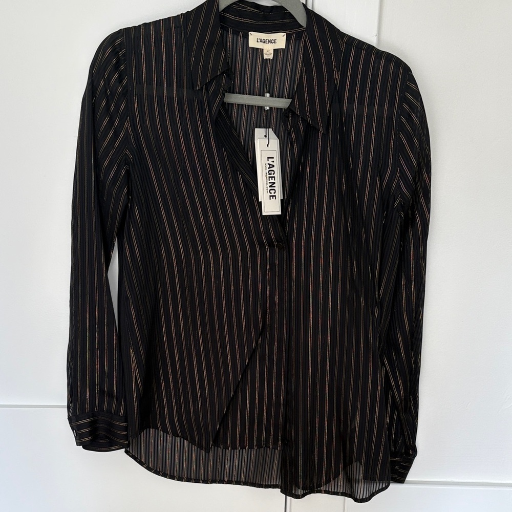 L'AGENCE Black and Gold Striped Button Down Shirt